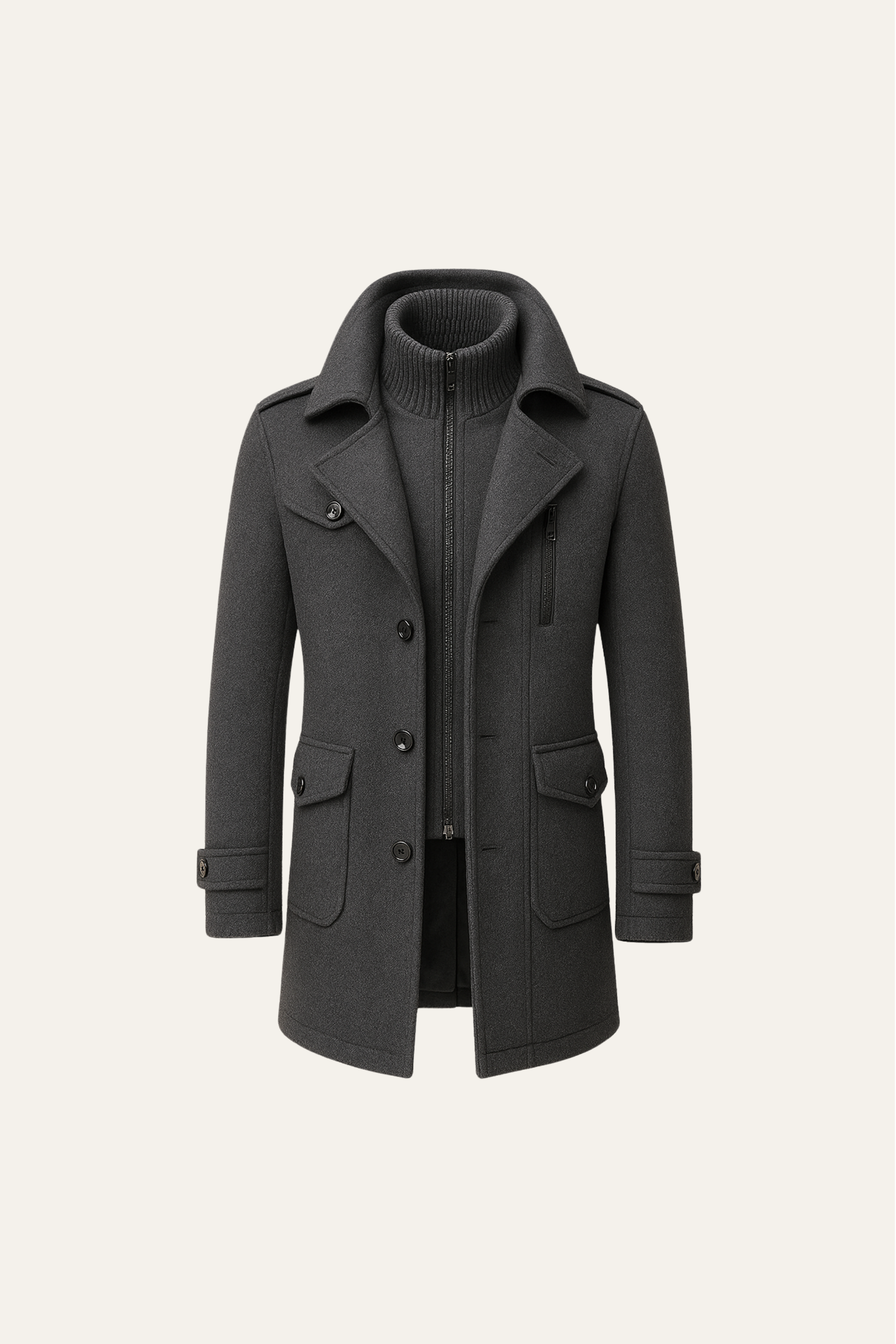 Grey long coat by Emiral Couture, featuring a classic design and tailored fit, perfect for stylish outerwear.