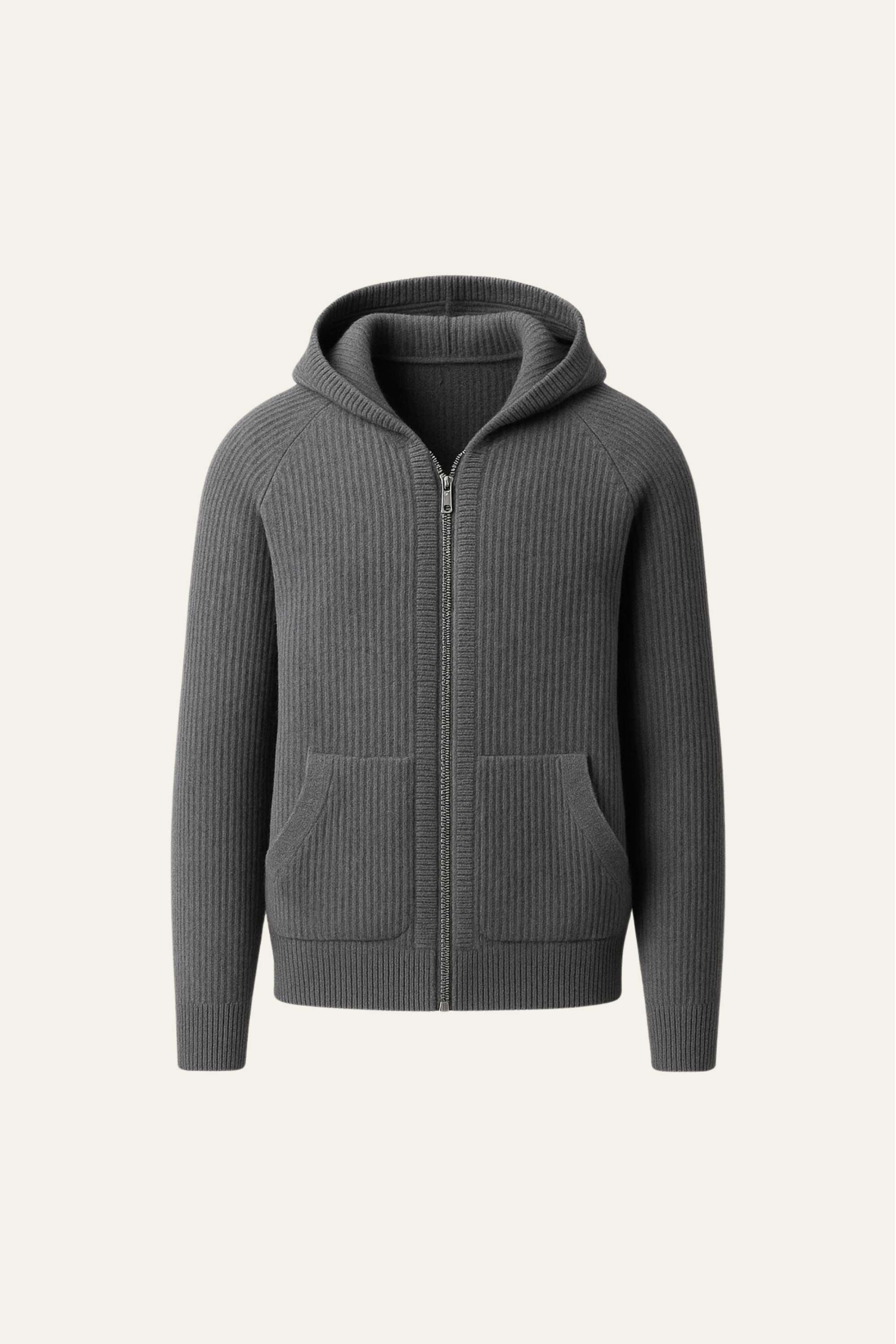 Dark grey hooded knit cardigan by Emiral Couture, featuring a relaxed fit and soft fabric texture.