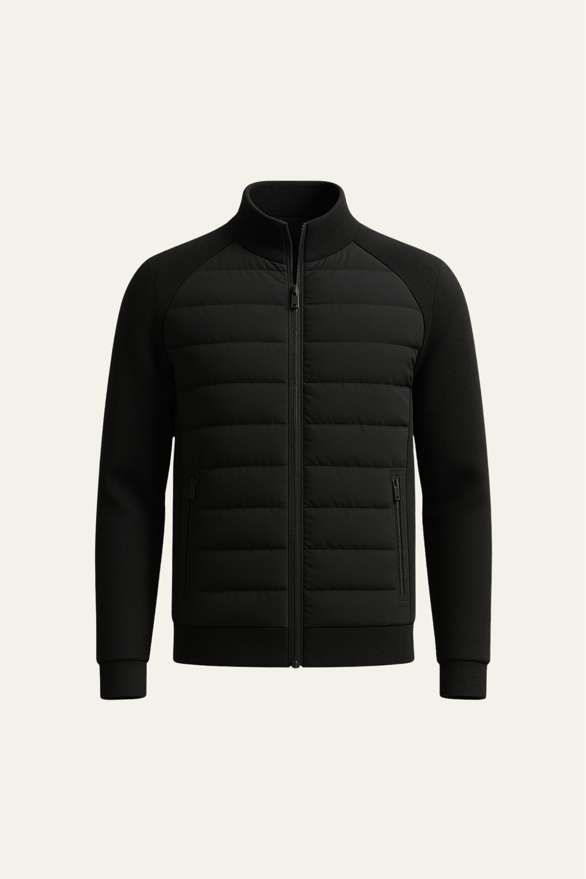 Black Sorrento wool padded jacket by Emiral Couture, featuring a stylish design and warm insulation for chilly weather.
