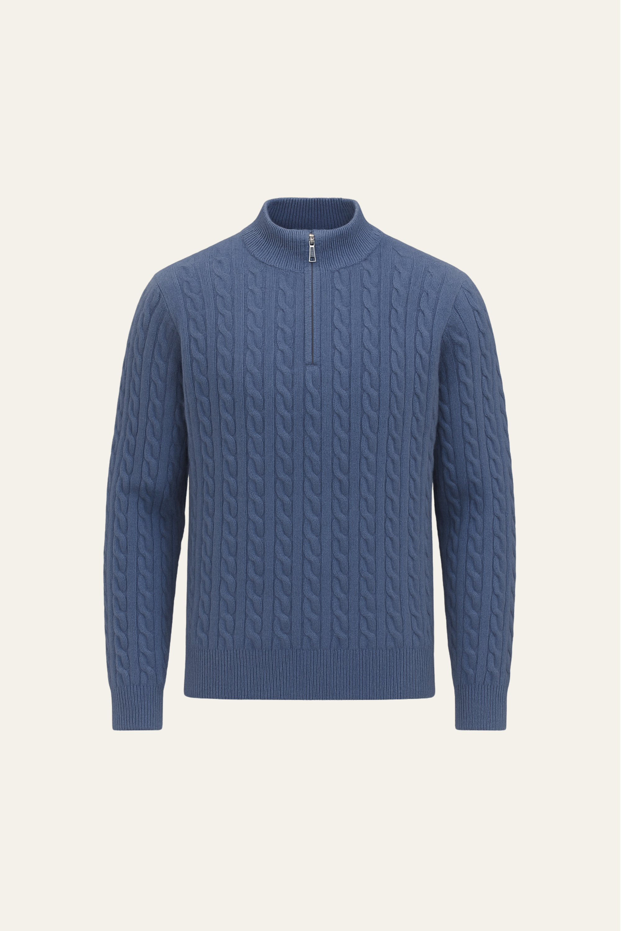 Emiral Couture blue cashmere half-zip knit sweater with a soft texture and elegant design.