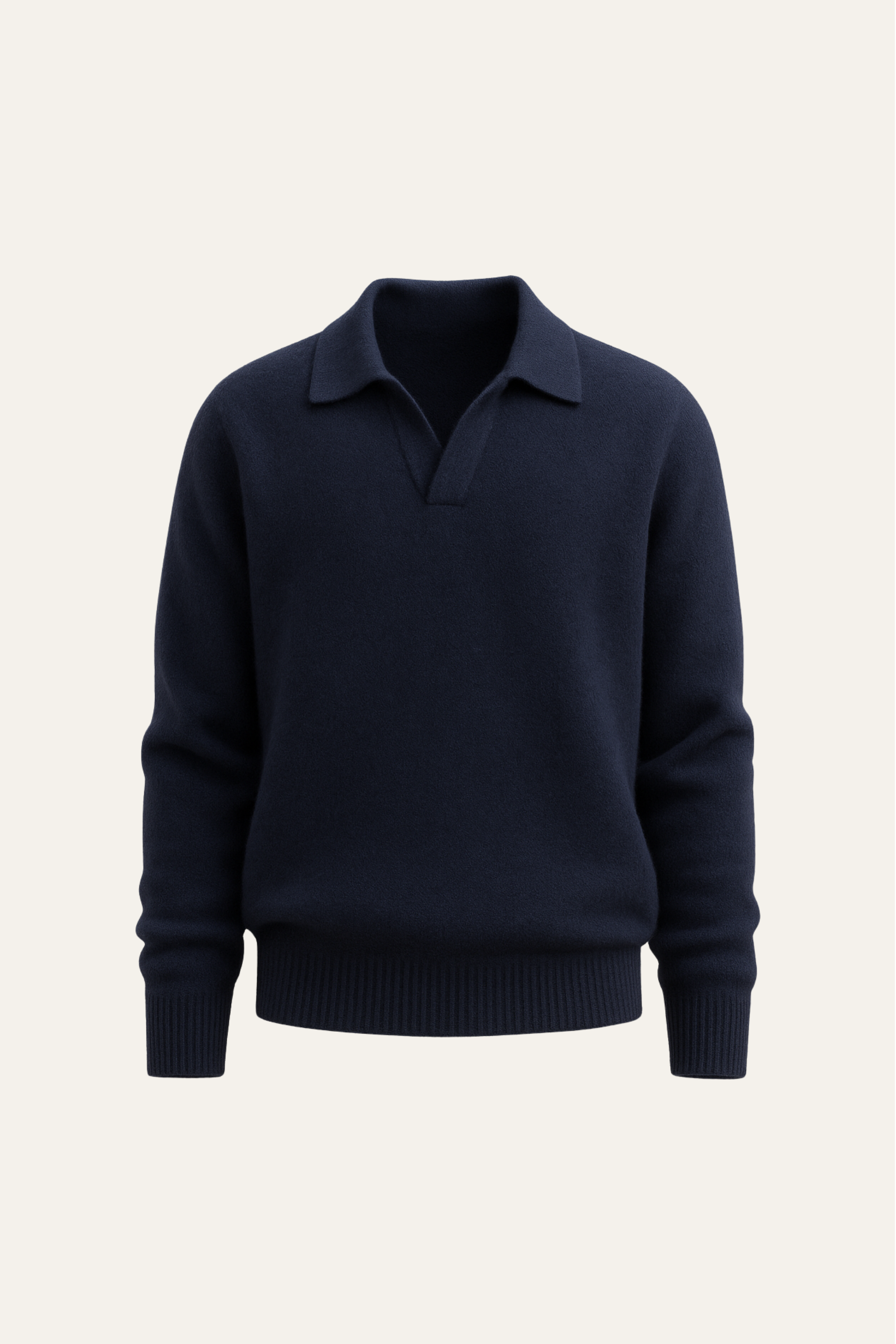 Navy cashmere polo knit sweater by Emiral Couture, featuring a classic design and soft texture for a luxurious feel.