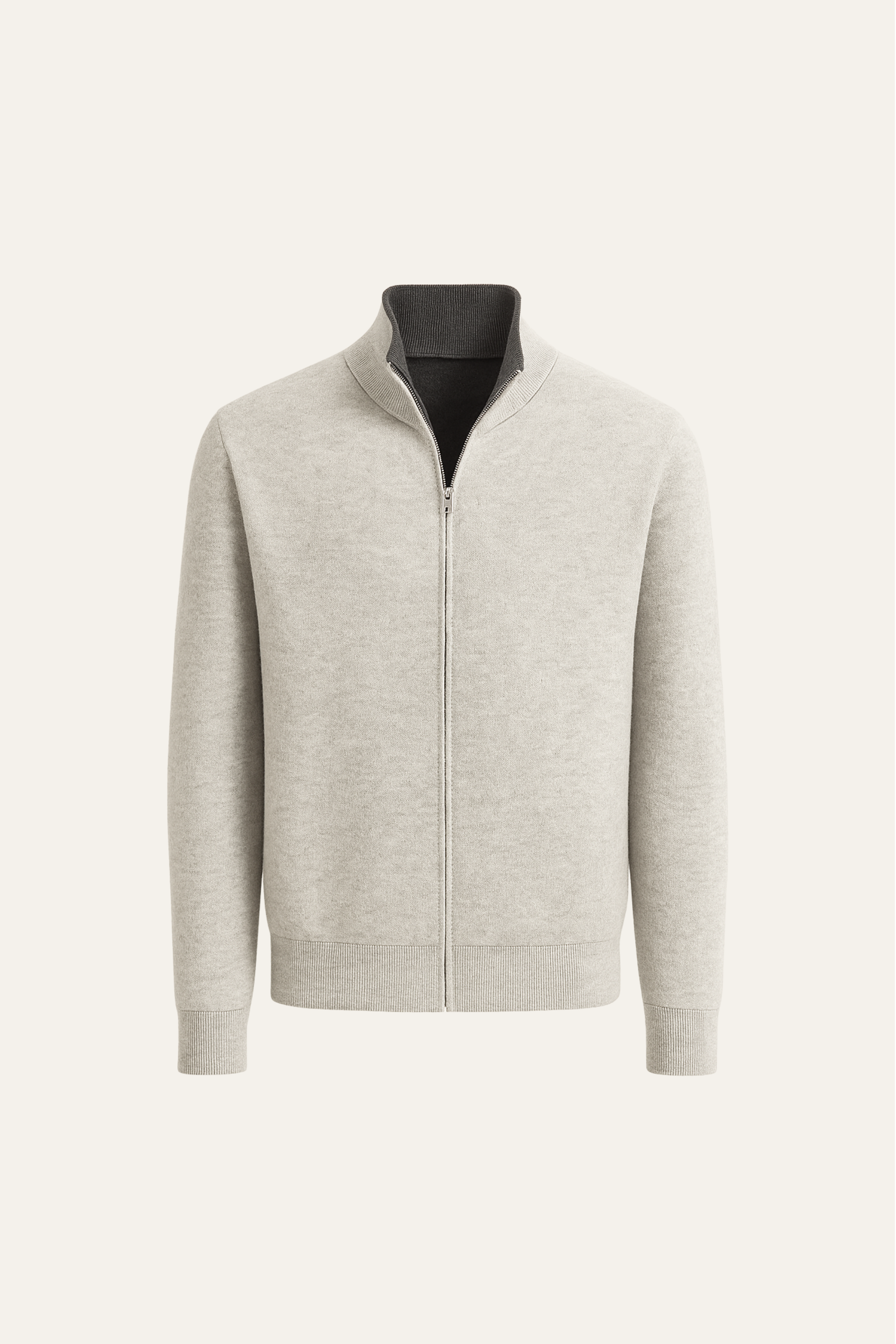 Emiral Couture Marciello reversible cashmere zip knit sweater in grey and dark grey, showcasing a stylish, cozy design.