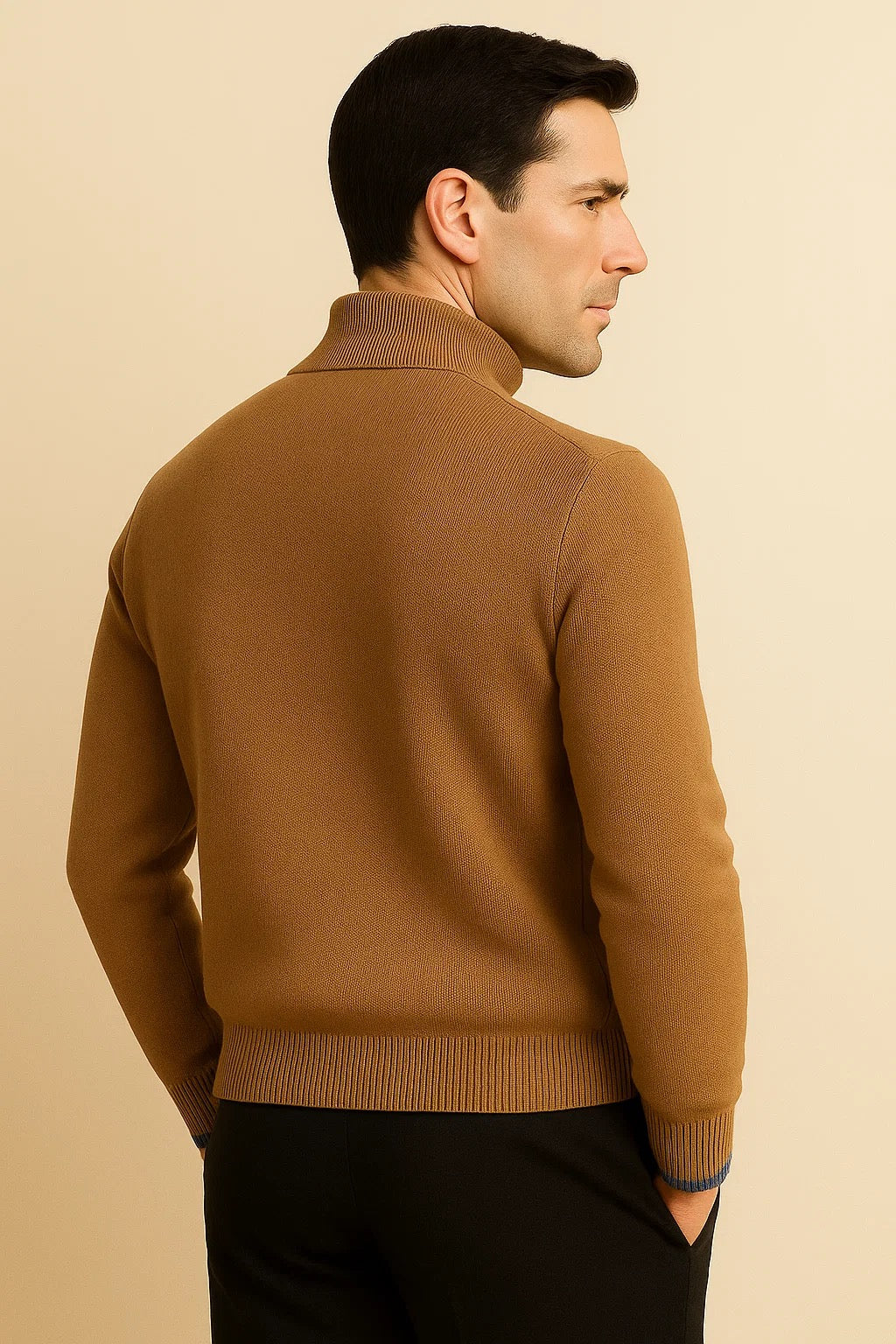 Beige Leonardo zip cardigan by Emiral Couture with a modern design and fitted silhouette.