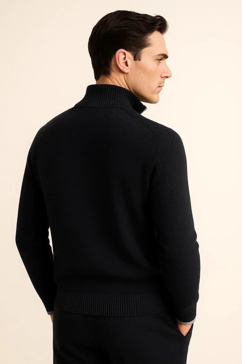 Classic half zip black pullover from Emiral Couture, featuring a relaxed fit and soft fabric texture.