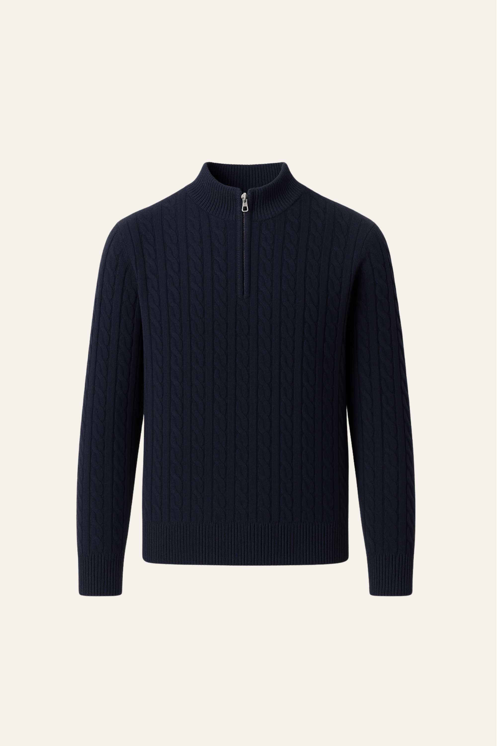 Emiral Couture navy cashmere half-zip knit sweater with a soft texture and stylish design.
