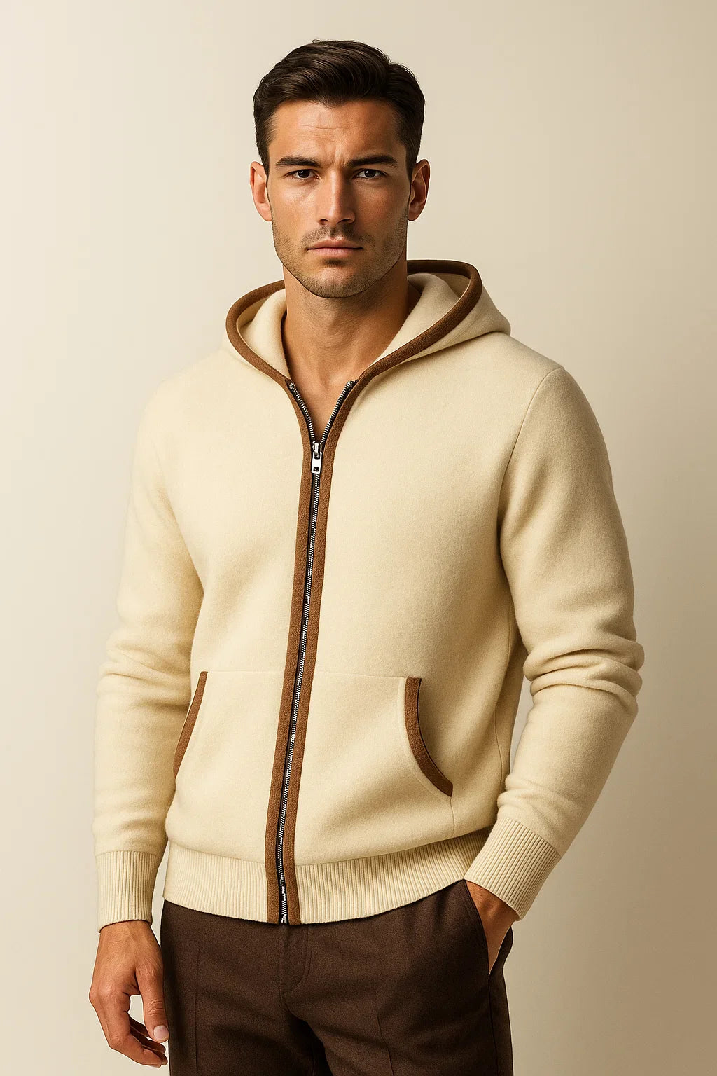 Cream hooded cardigan by Emiral Couture featuring a relaxed fit and soft texture, perfect for layering in cooler weather.