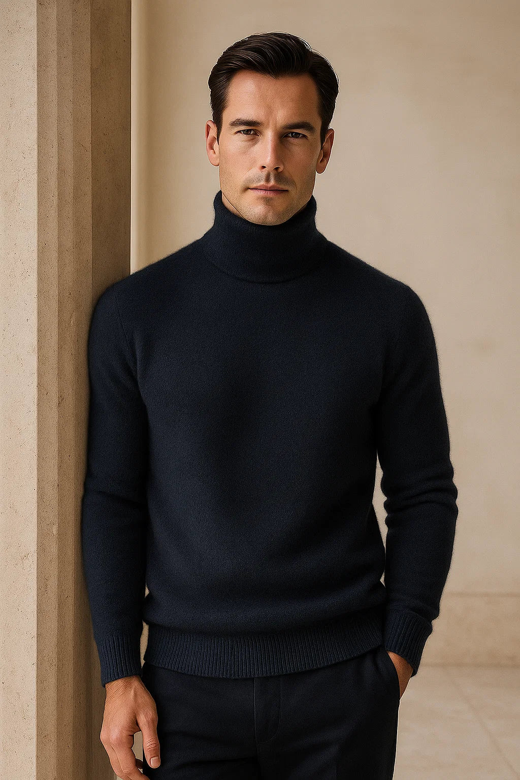 Navy Carezza cashmere turtleneck sweater from Emiral Couture, featuring a soft texture and relaxed fit.