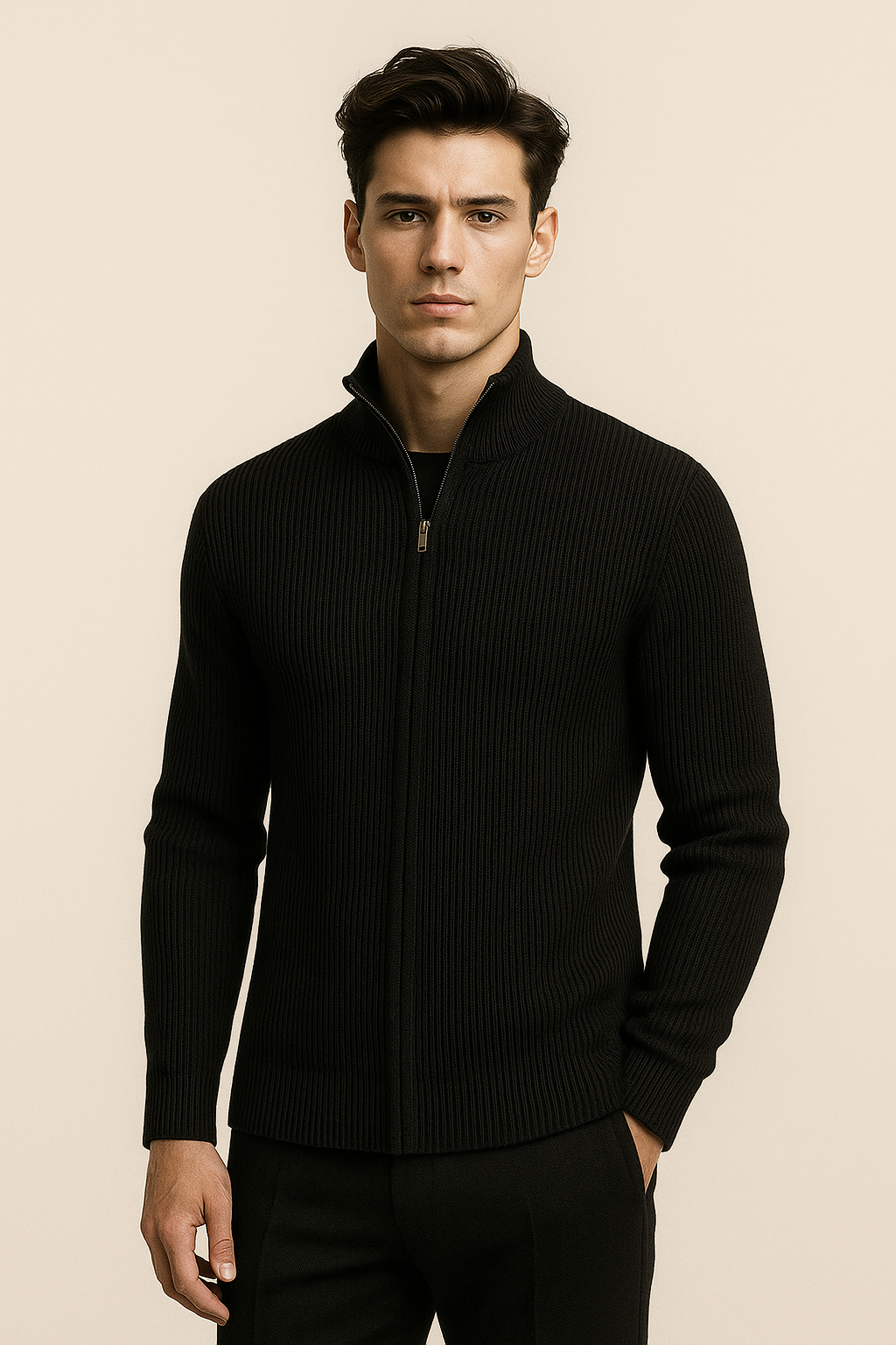 Emiral Couture black cashmere cardigan with a sleek design, featuring a relaxed fit and soft texture.