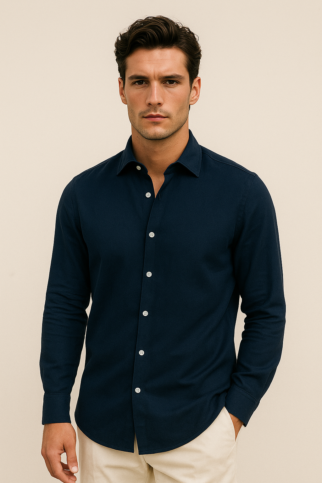 Navy Emiral Couture cotton shirt featuring a classic collar and elegant design, ideal for formal or casual wear.