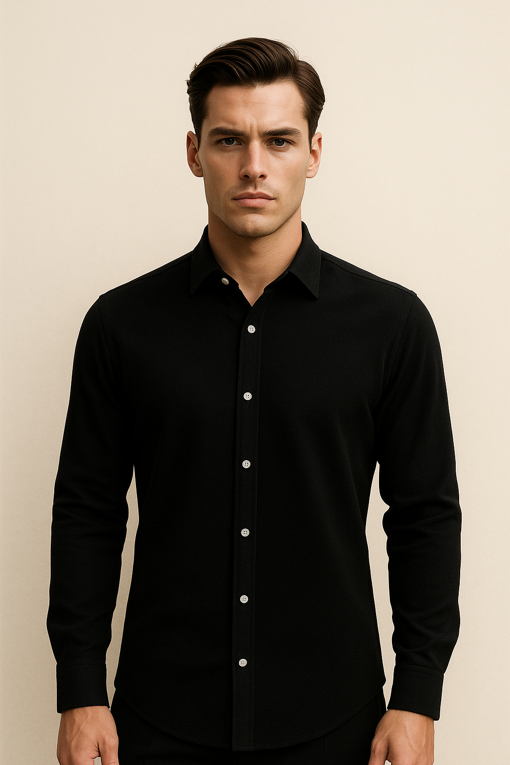 Elegant black cotton chemise by Emiral Couture, featuring a classic collar and tailored fit.