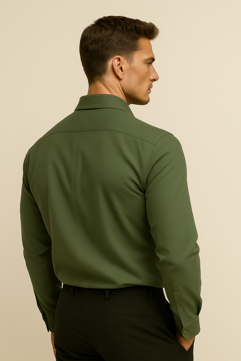 Olive green cotton chemise by Emiral Couture, featuring a classic collar and long sleeves in a stylish design.