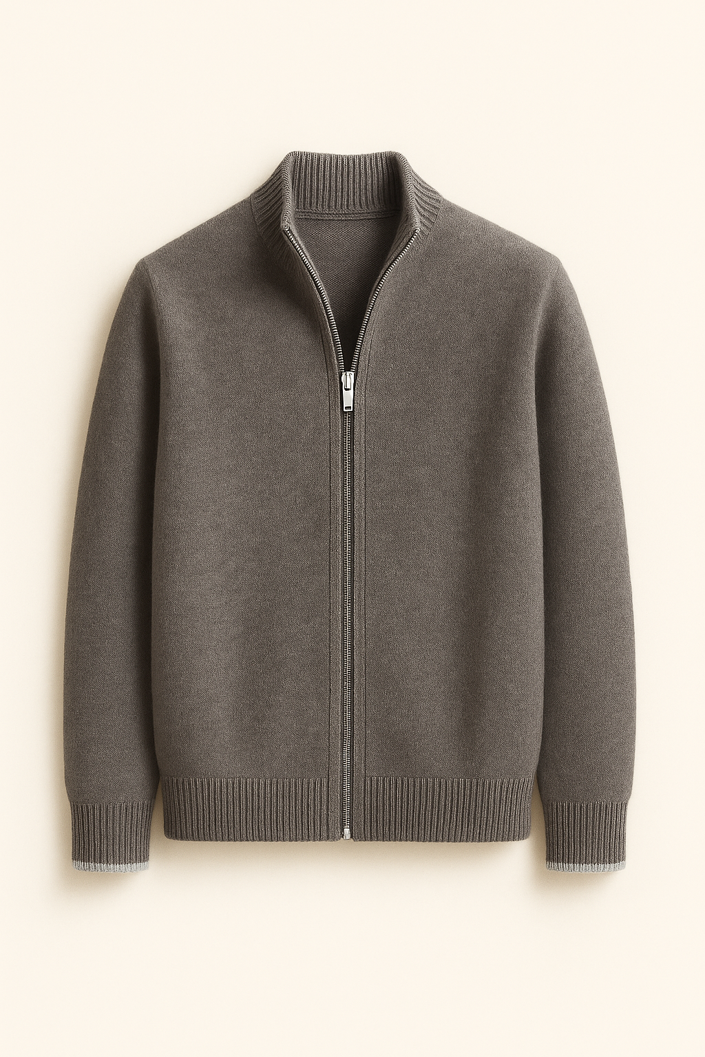 Grey zip cardigan from Emiral Couture with a modern design and soft fabric, perfect for layering.