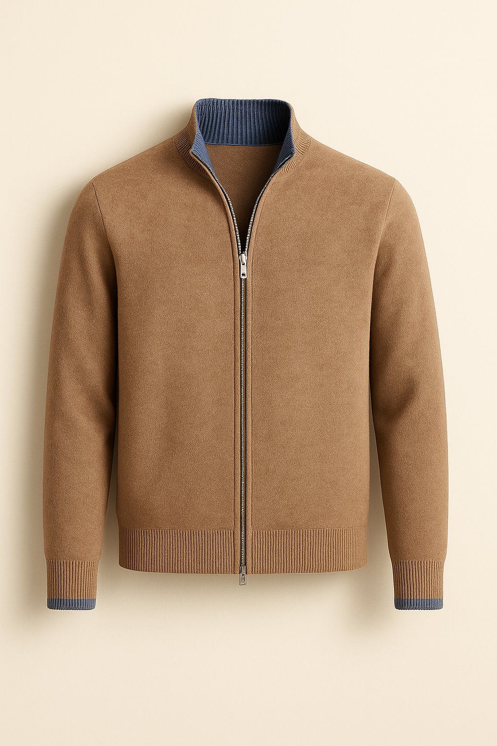 Beige Leonardo zip cardigan by Emiral Couture featuring blue lined cuffs and a modern, stylish design.