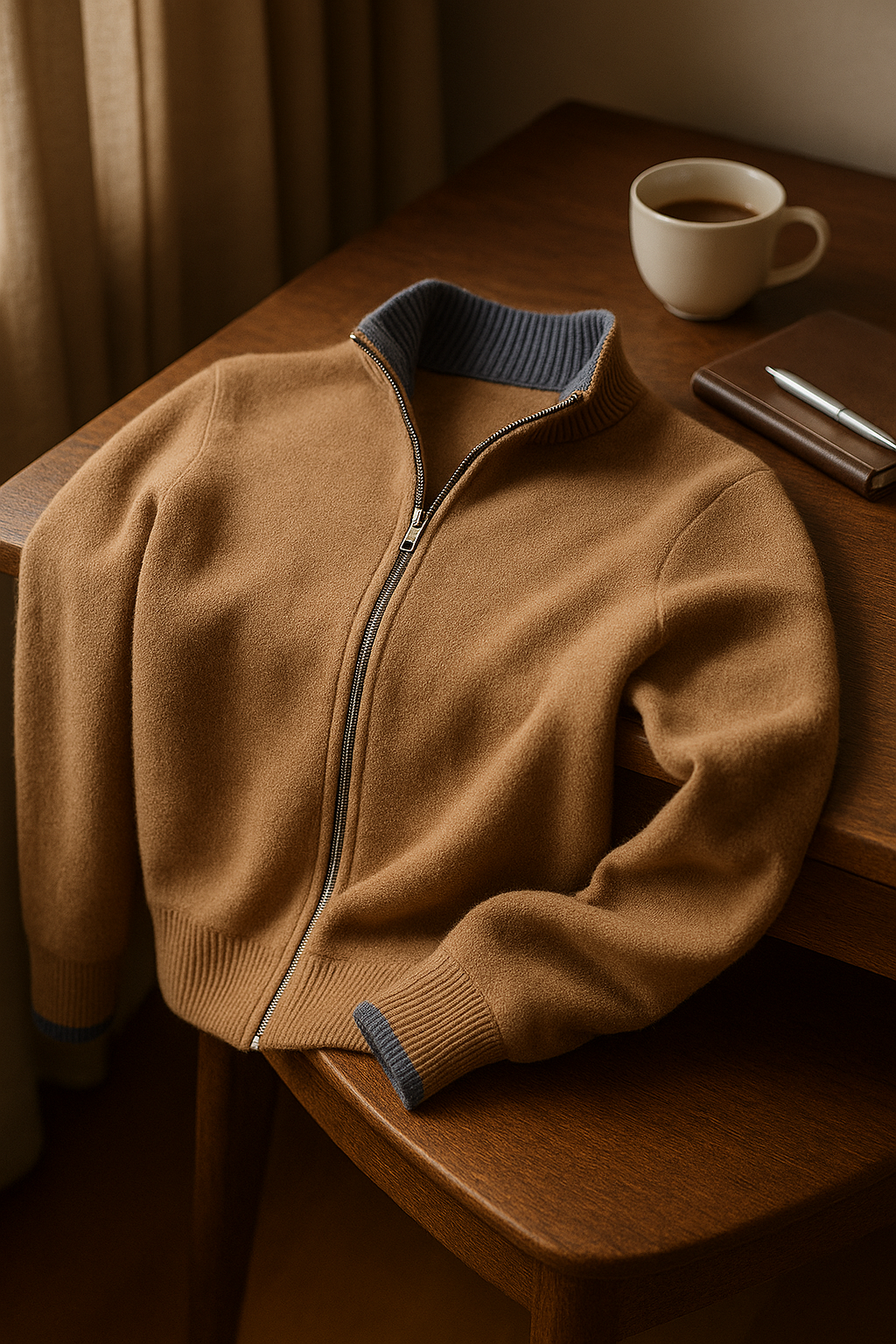 Beige Leonardo zip cardigan made of luxury cashmere by Emiral Couture, featuring a stylish and cozy design.