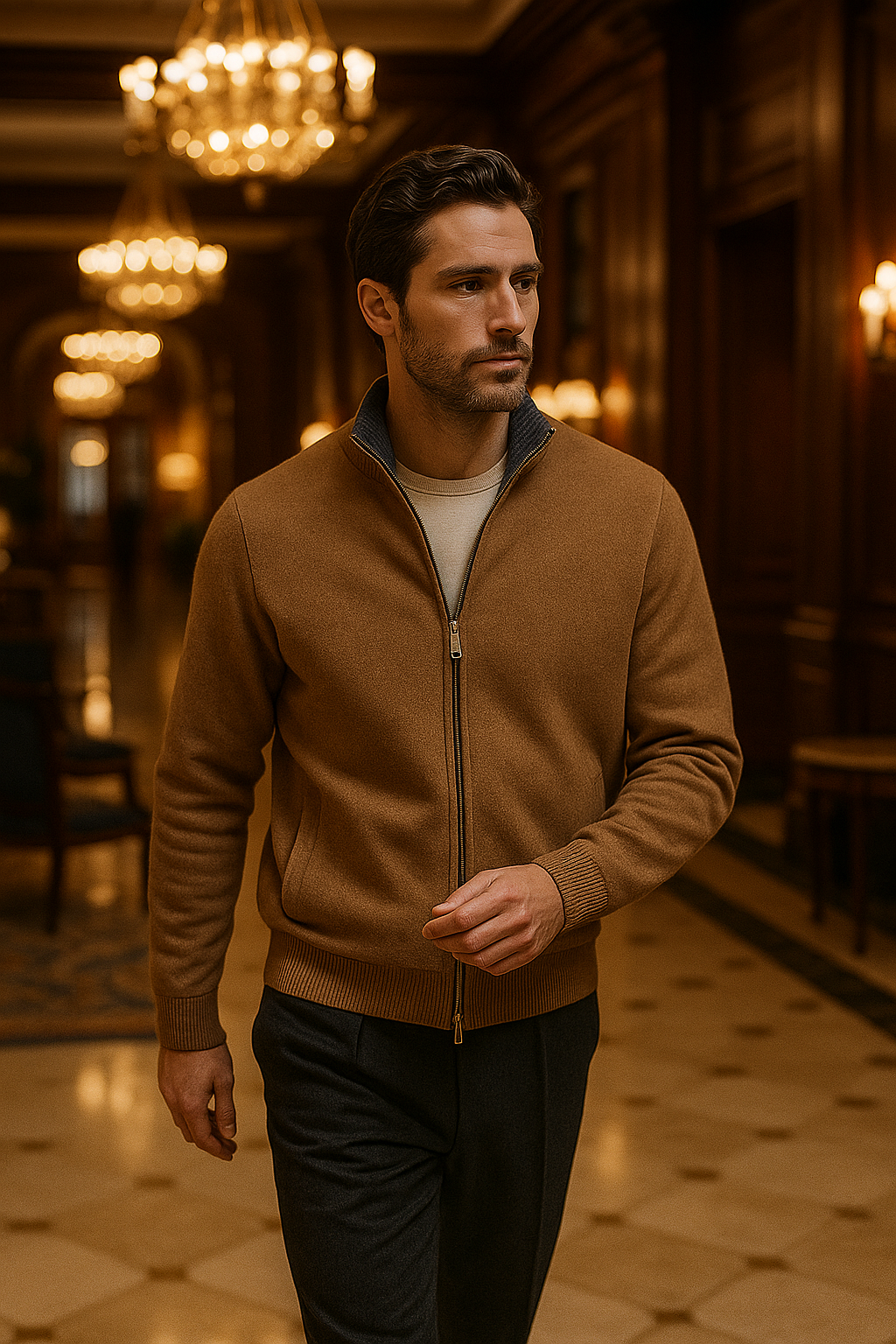 Beige Leonardo zip cardigan by Emiral Couture, featuring a cozy wool texture and stylish zip front design.