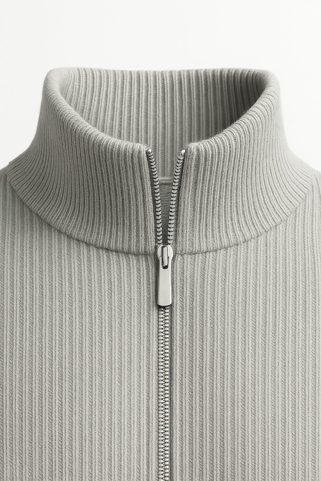 Grey green ribbed cashmere cardigan by Emiral Couture, featuring a comfortable fit and elegant design.