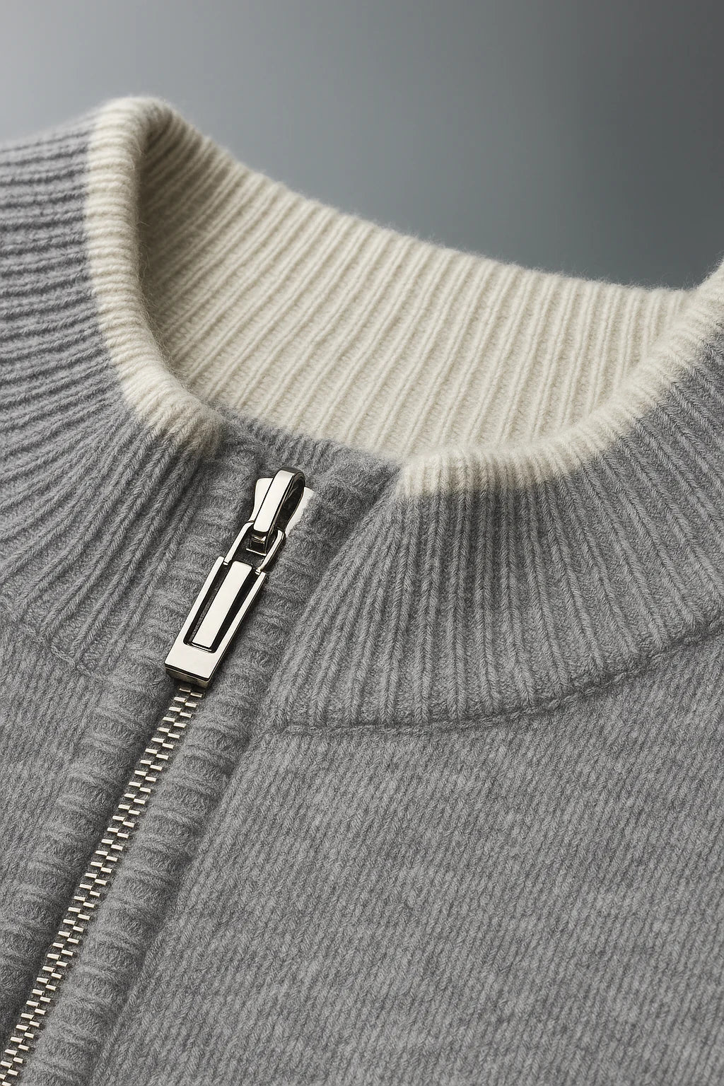 Beige classic half zip cardigan made from soft Merino wool by Emiral Couture, showcasing intricate knit details.
