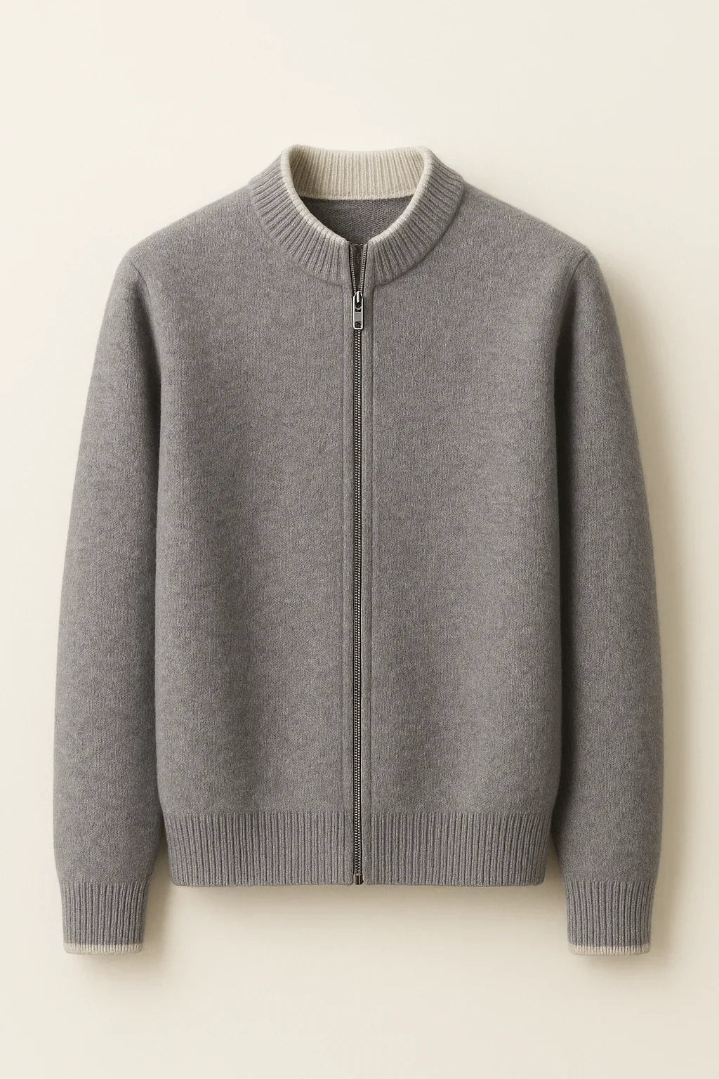 Beige classic half zip pullover from Emiral Couture displayed with a textured fabric and stylish collar detail.