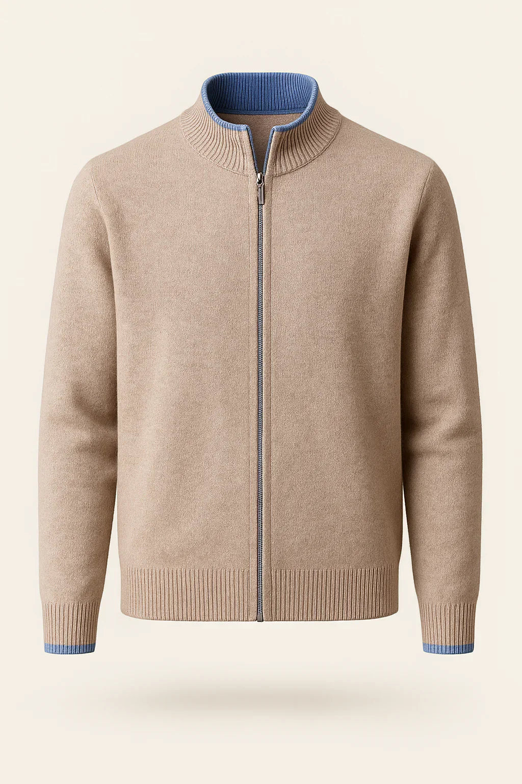 Classic half zip sweater in beige wool fabric with blue details by Emiral Couture, showcasing a stylish and cozy design.
