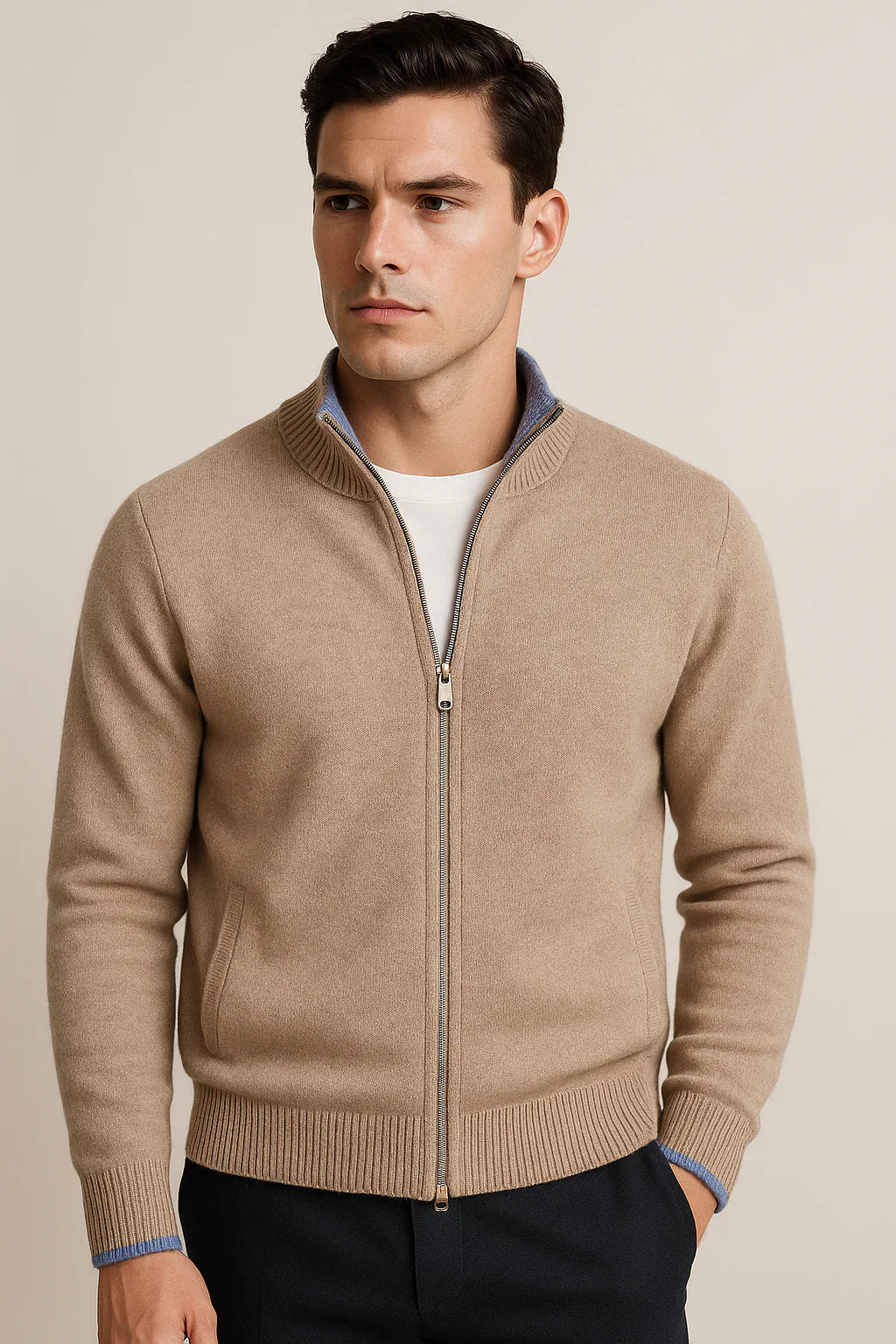 Beige half zip cashmere jacket from Emiral Couture, featuring a stylish design and soft texture.