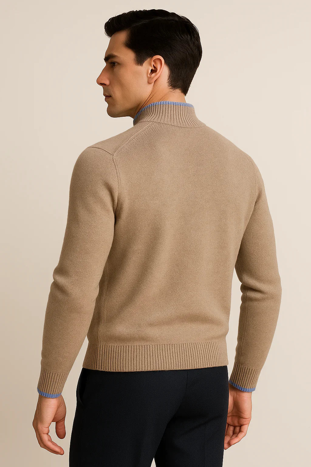 Beige classic half zip sweater by Emiral Couture with blue accents, showcasing a stylish and cozy design.