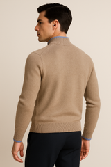 Beige classic zip cardigan with blue accents by Emiral Couture, showcasing a soft cashmere texture.