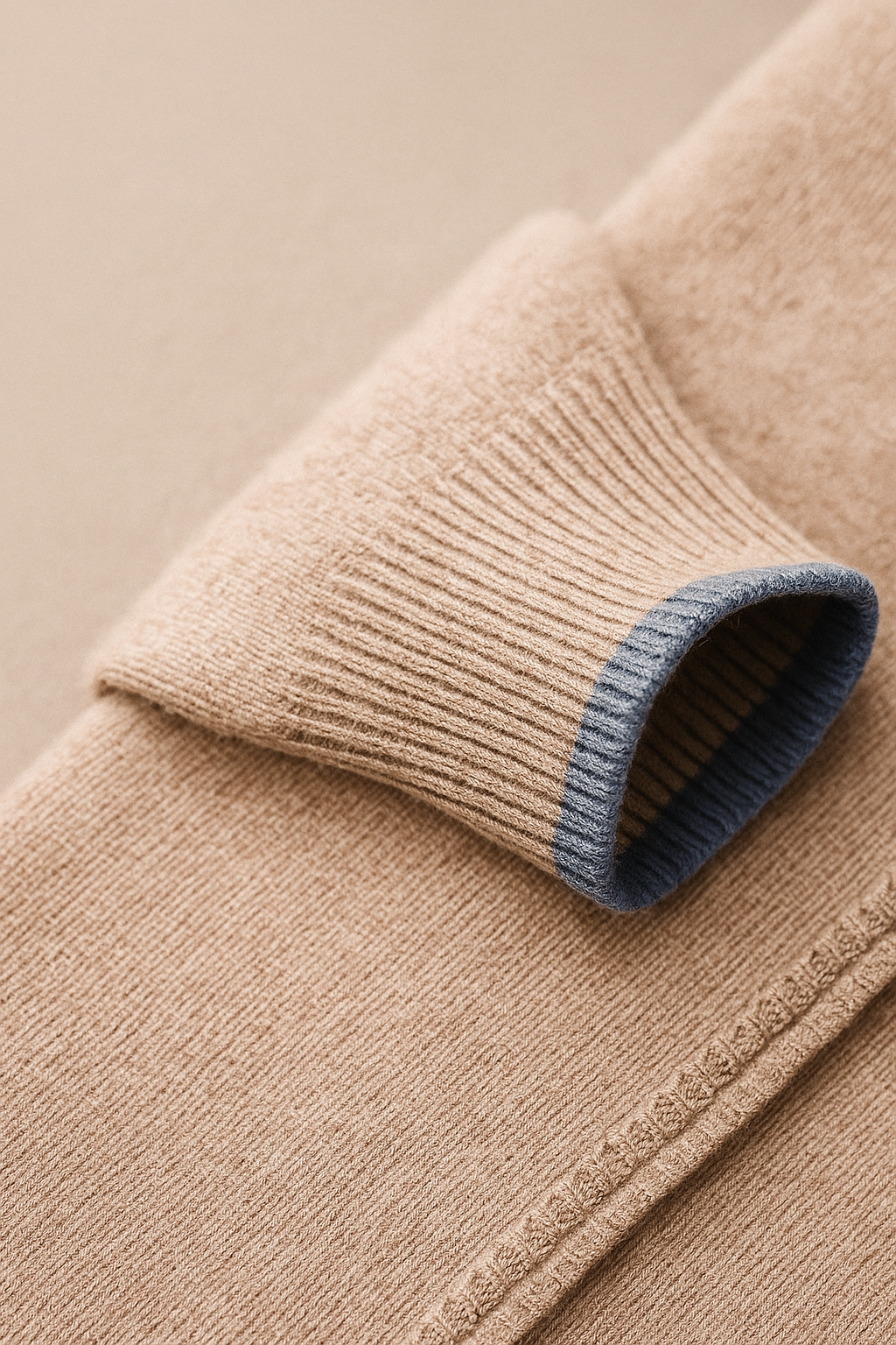 Beige classic zip cardigan by Emiral Couture featuring wool cuffs and a stylish design for a cozy look.