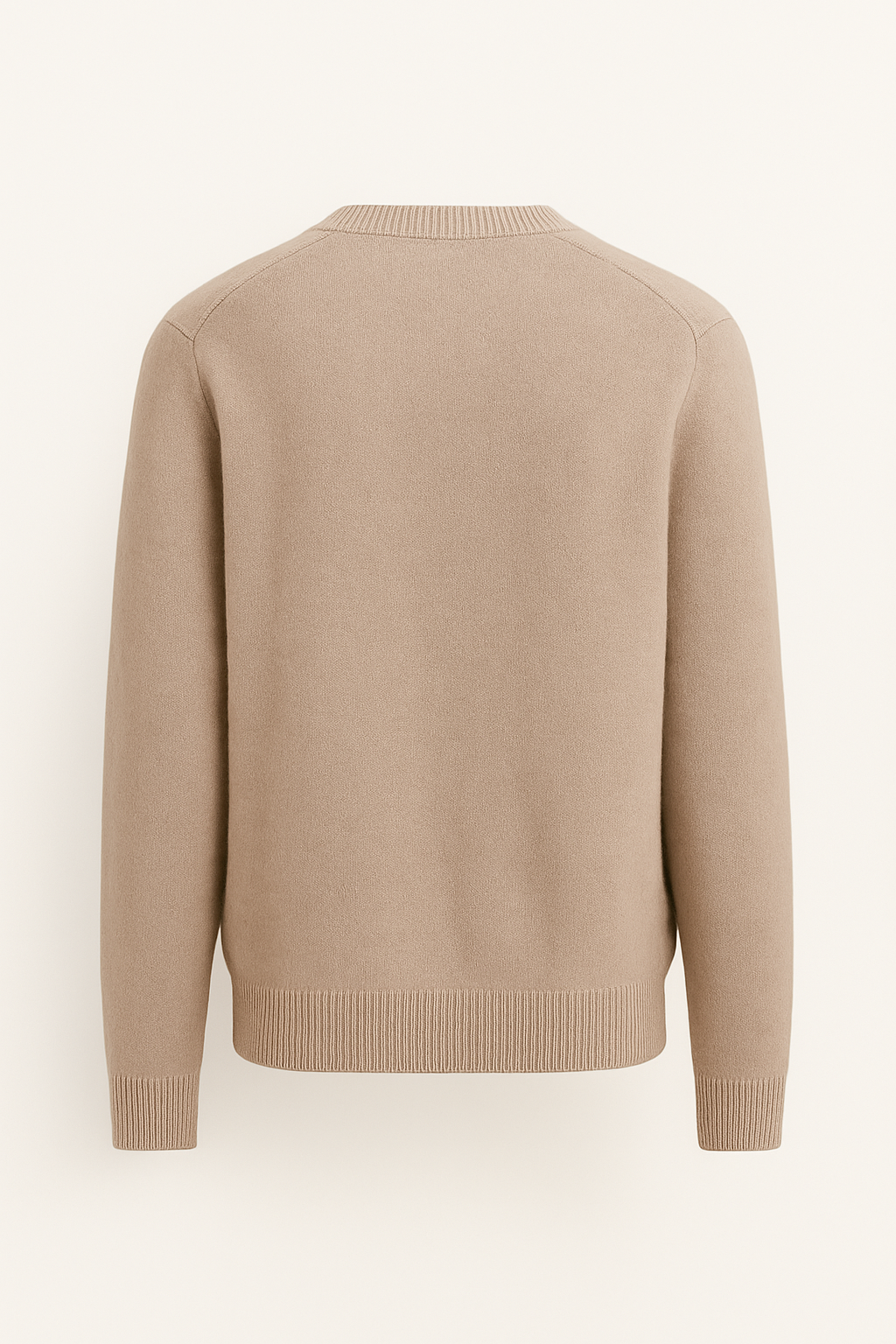 Beige cashmere knit sweater by Emiral Couture, featuring a simple, elegant design and soft texture.