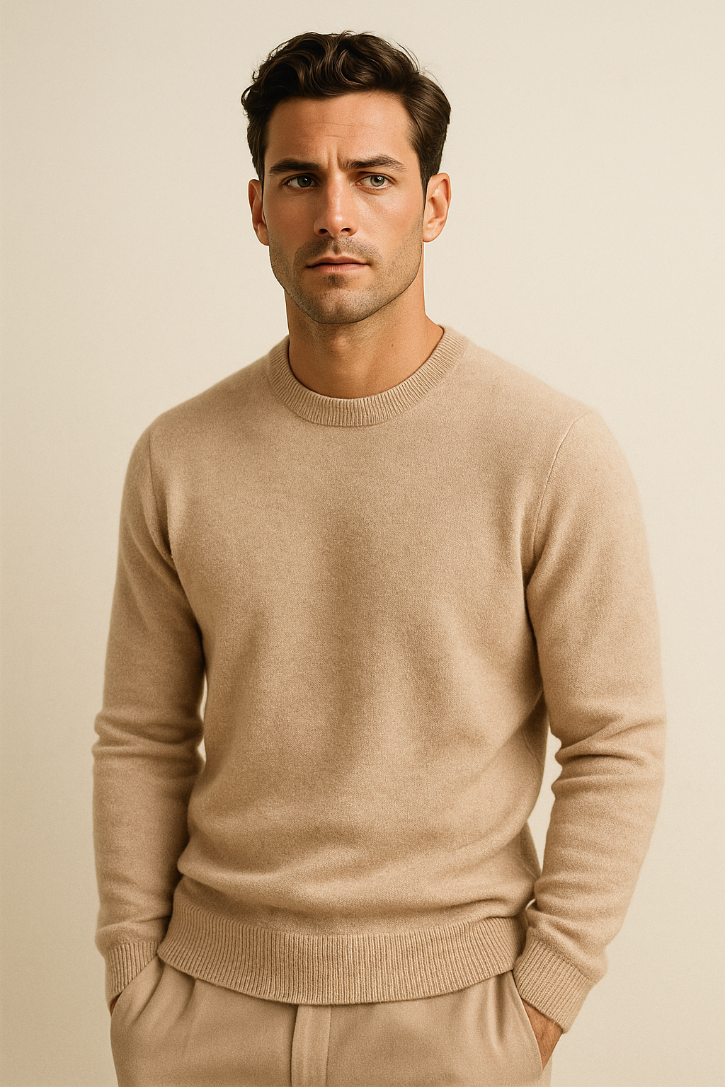 Emiral Couture beige cashmere knit sweater with a cozy, elegant design and a relaxed fit.