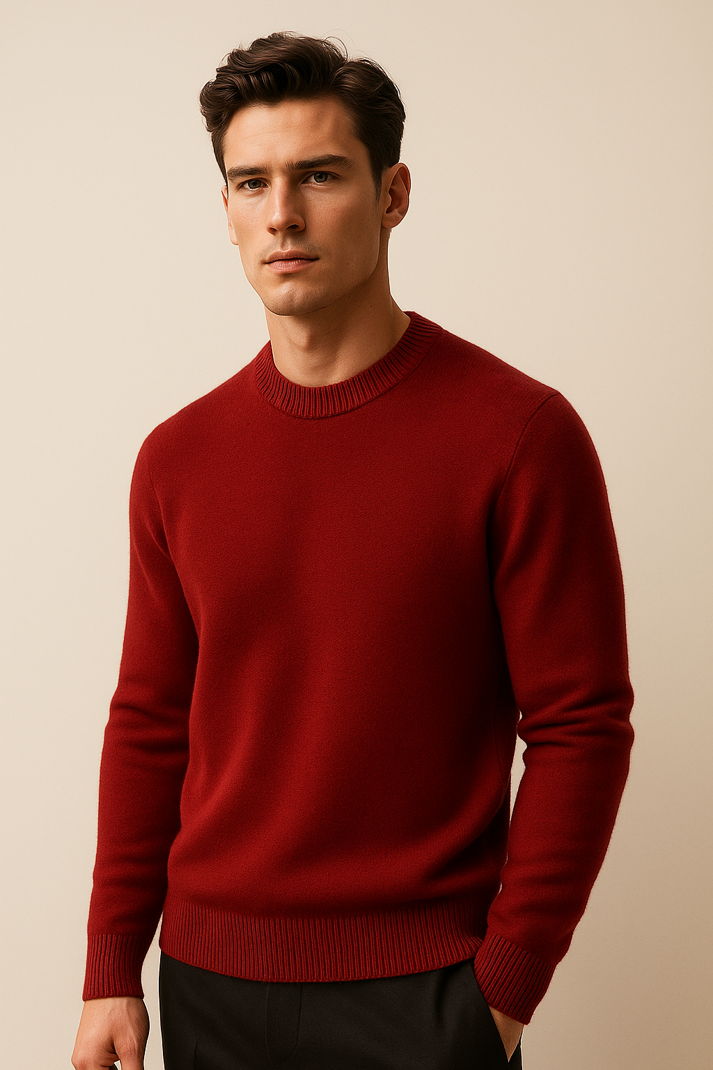 Burgundy cashmere knit sweater by Emiral Couture, showcasing a relaxed fit and soft texture in a cozy design.
