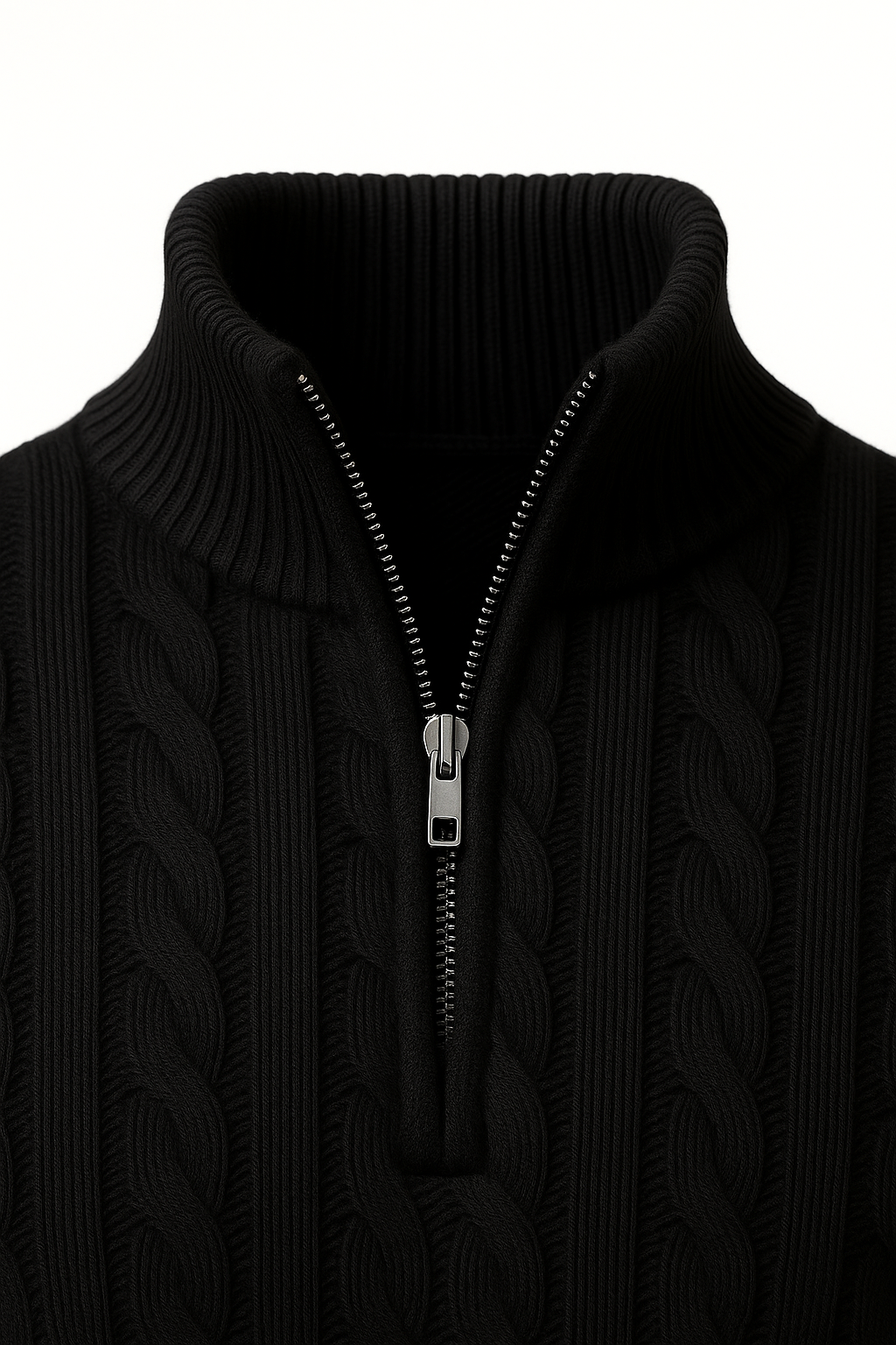 Emiral Couture black cable knit sweater made from soft merino wool, featuring a cozy, textured design.