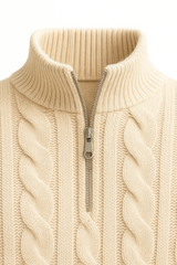 Beige cable knit sweater made of merino wool by Emiral Couture, featuring a cozy and textured design.