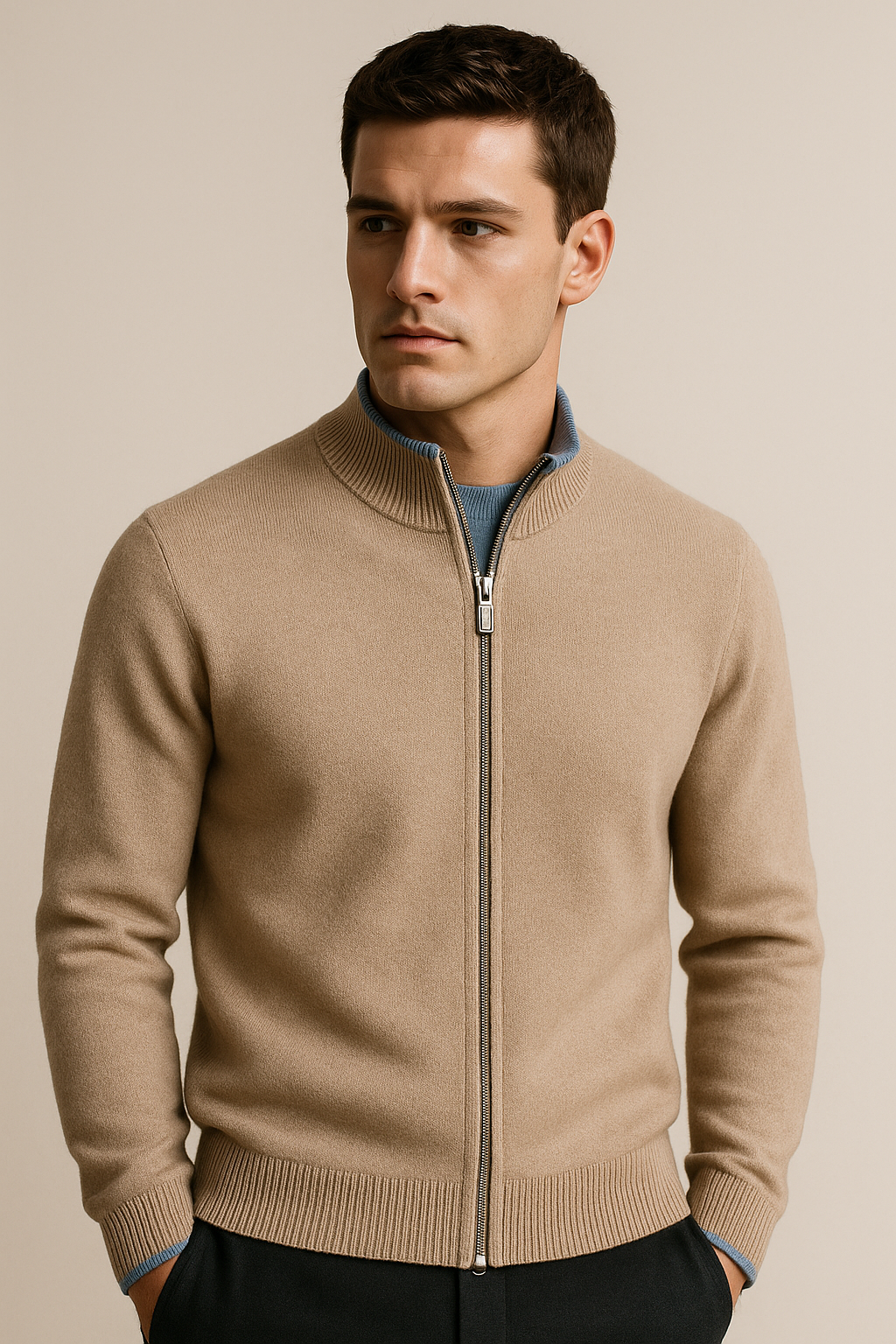 Beige classic zip cardigan made of merino wool by Emiral Couture, featuring a stylish design and comfortable fit.