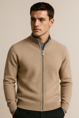 Beige classic zip cardigan made of merino wool by Emiral Couture, featuring a stylish design and comfortable fit.