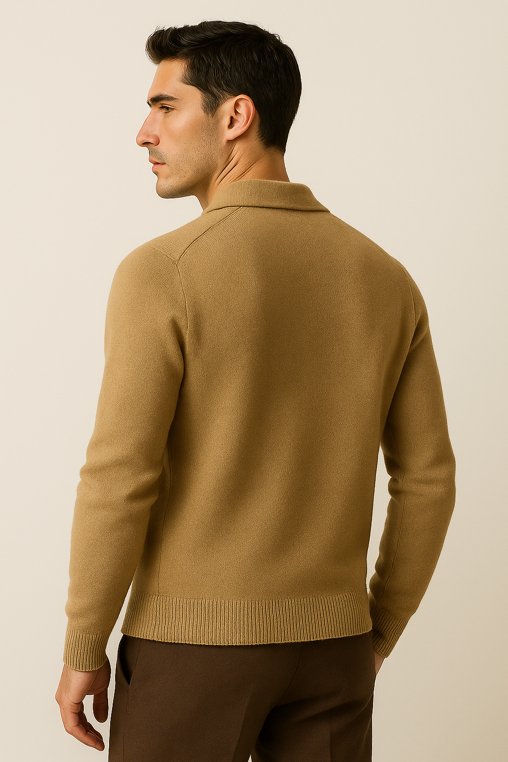 Emiral Couture camel cashmere cardigan featuring a soft texture and elegant design, perfect for layering in cooler weather.