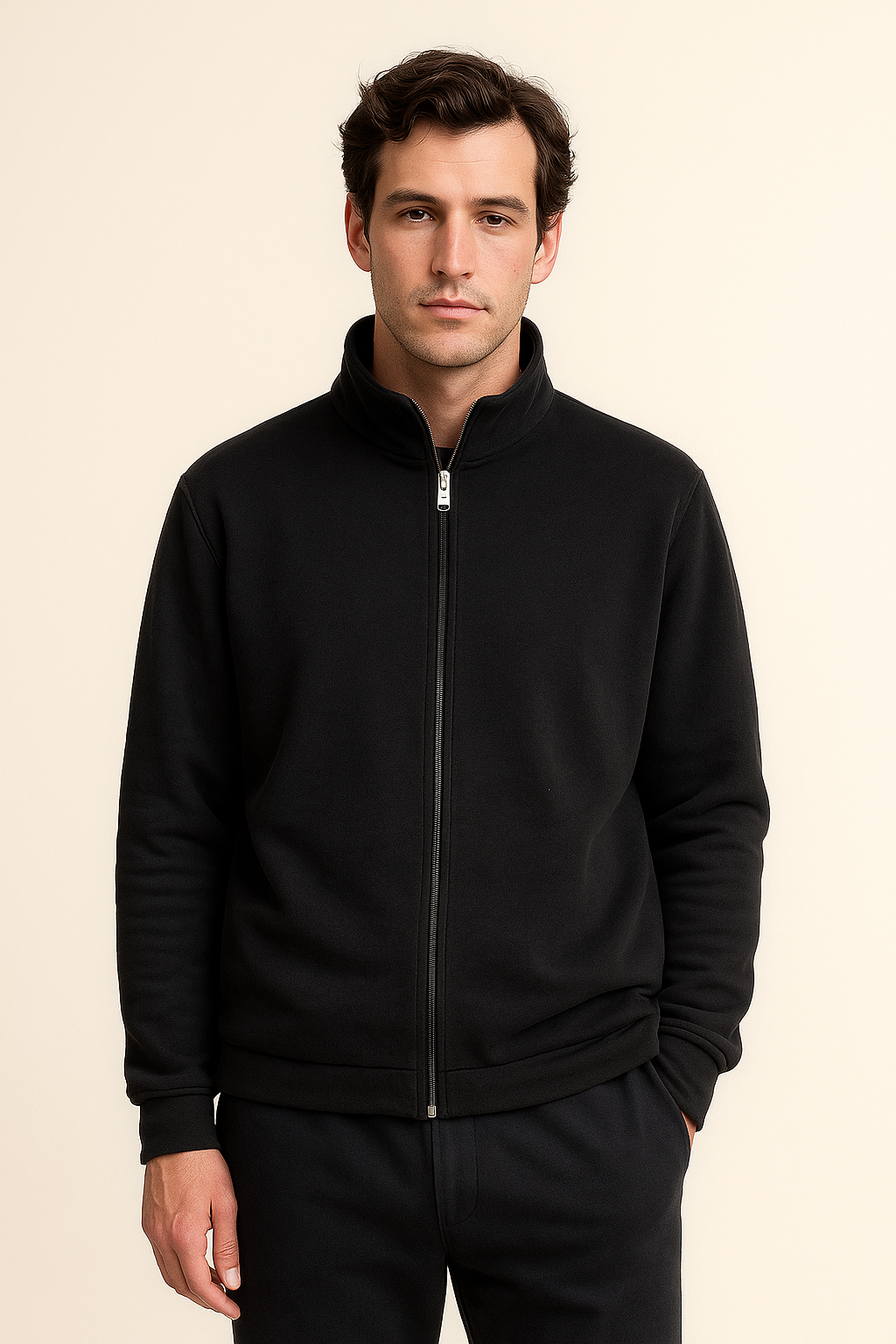 Brown reversible bomber jacket by Emiral Couture, featuring a classic design and soft cotton fabric for versatility.