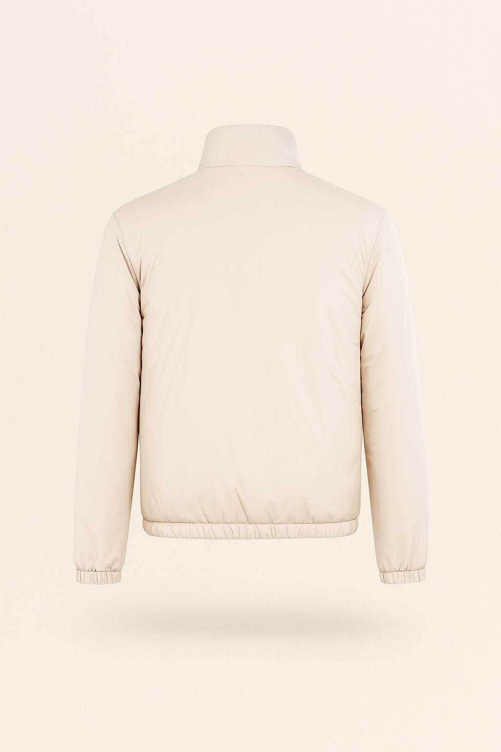 Emiral Couture ivory reversible bomber jacket showcasing a sleek design and stylish back detail.