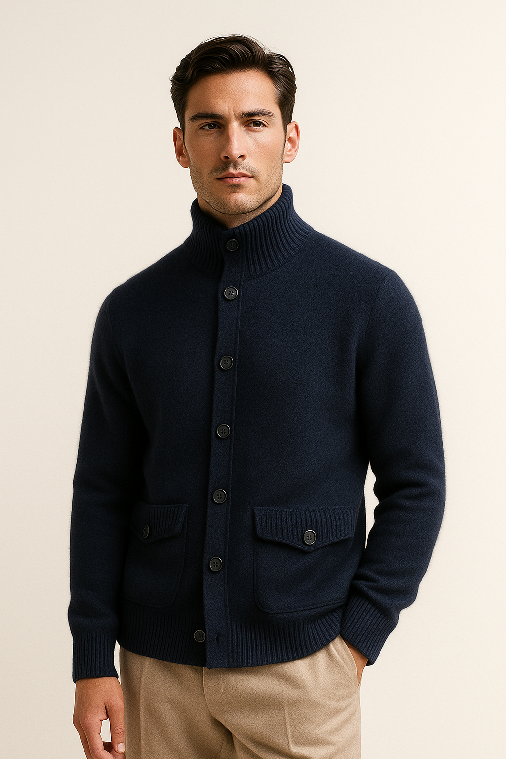 Navy Giotto cashmere cardigan by Emiral Couture featuring a soft texture and classic design for a sophisticated look.