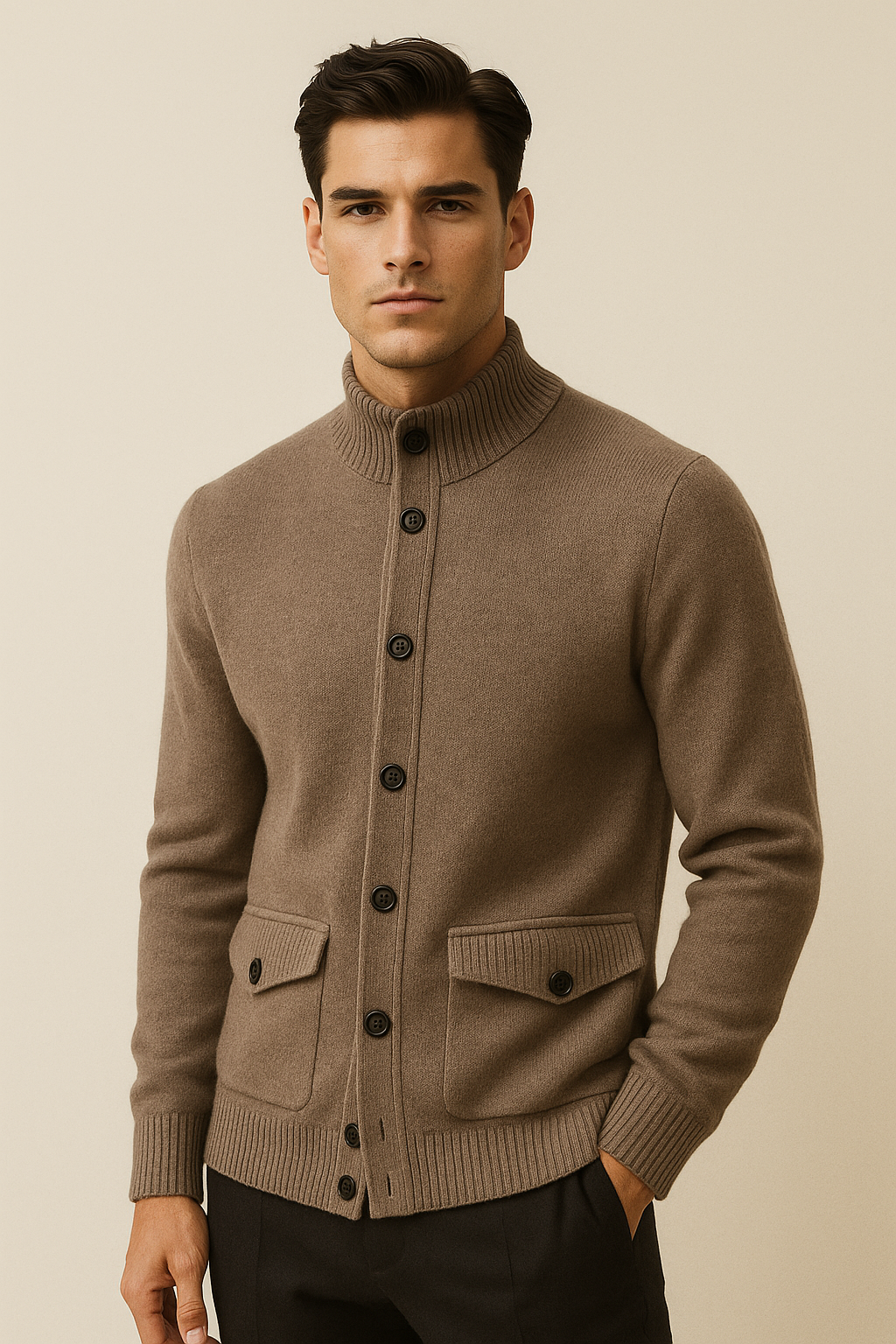 Mocha Giotto cashmere cardigan by Emiral Couture, featuring a cozy knit texture and elegant open-front design.