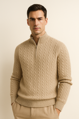 Beige half-zip cashmere sweater by Emiral Couture, featuring a soft texture and elegant design for a cozy look.