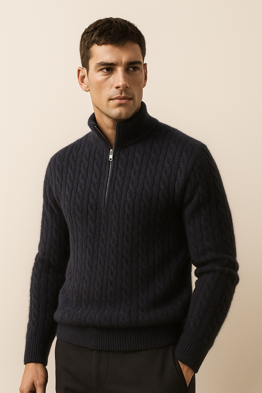 Emiral Couture black cashmere half-zip knit sweater with a soft texture and stylish design.