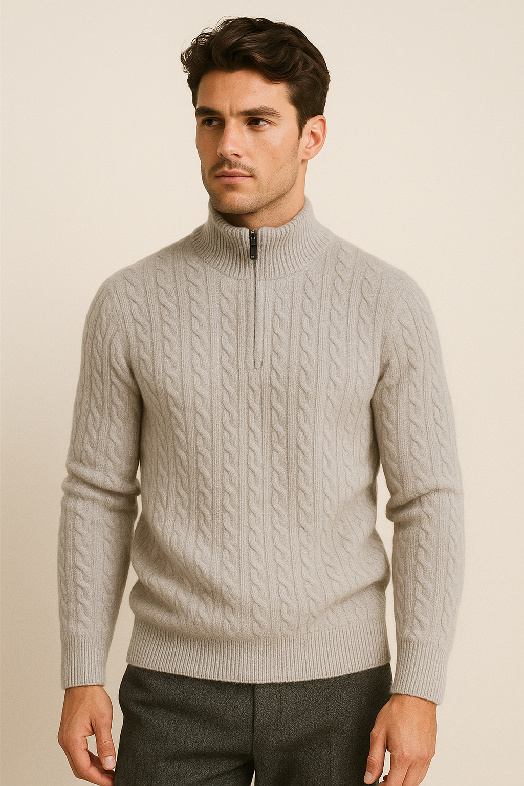 Grey half-zip cashmere sweater by Emiral Couture, featuring a soft knit texture and stylish design.