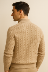 Beige half-zip cashmere sweater by Emiral Couture, featuring a soft knit texture and elegant design.