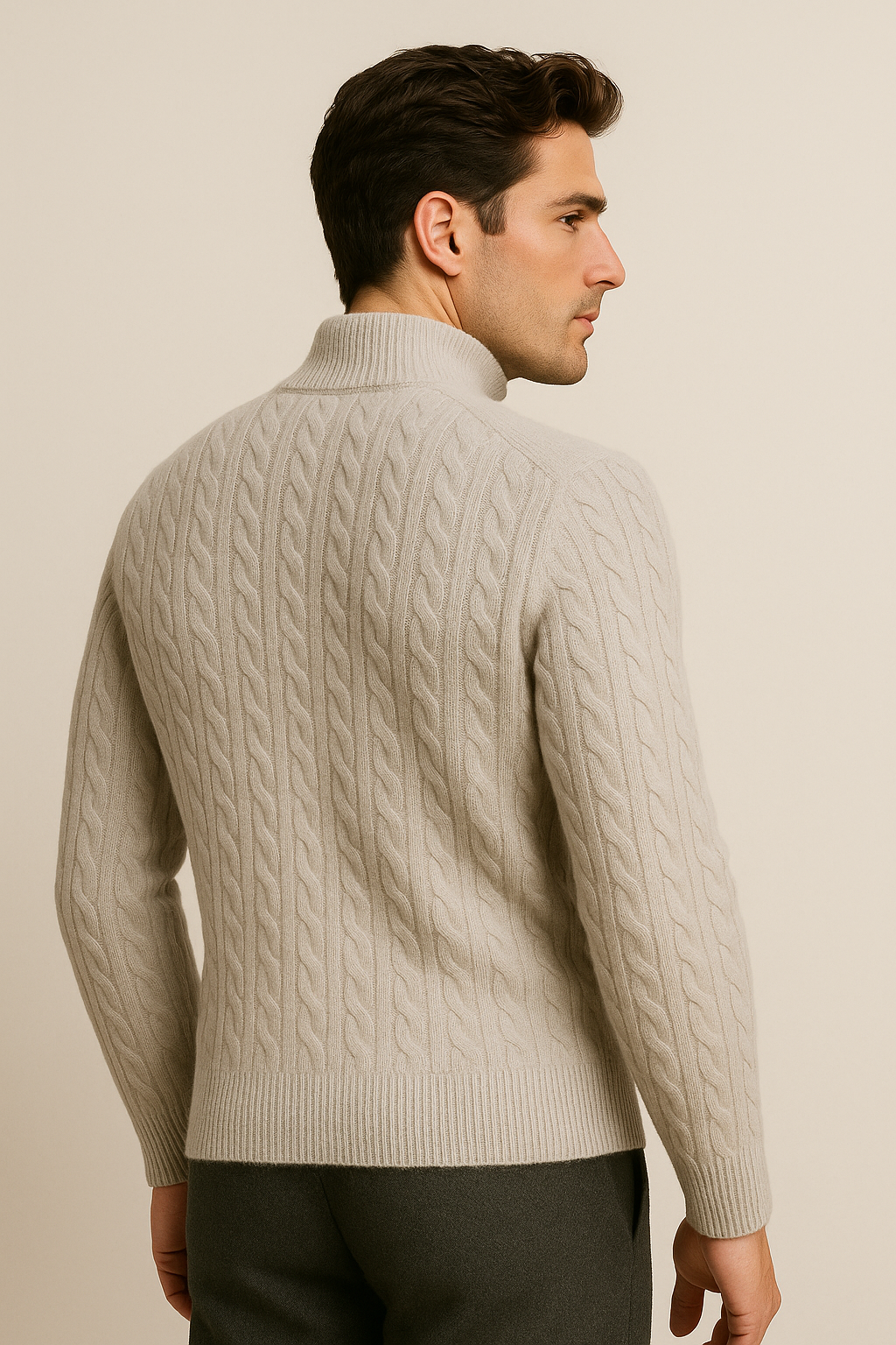 Emiral Couture grey cashmere half-zip knit sweater with a soft texture and elegant design.