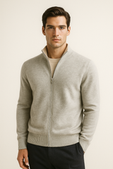 Beige and grey reversible cashmere zip knit sweater by Emiral Couture, showcasing a luxurious and cozy design.