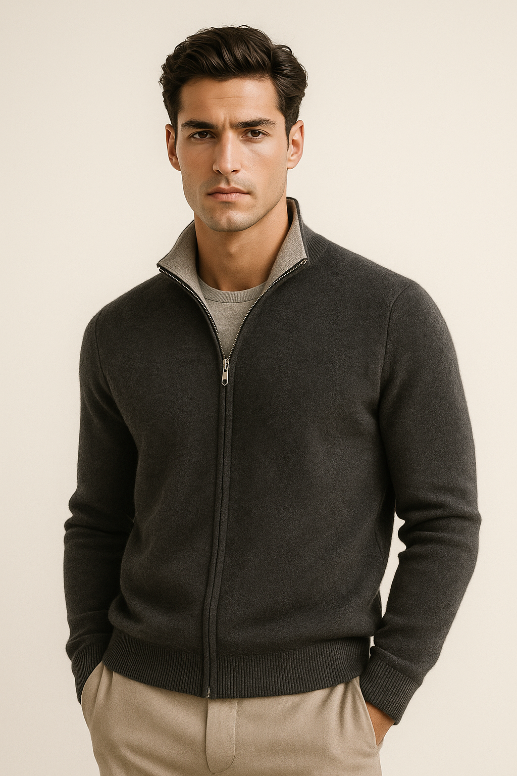 Emiral Couture reversible cashmere zip knit sweater in grey and dark grey, showcasing a soft, luxurious texture.