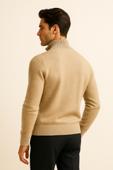 Beige and grey reversible cashmere zip sweater by Emiral Couture, featuring a luxurious knit texture and stylish design.