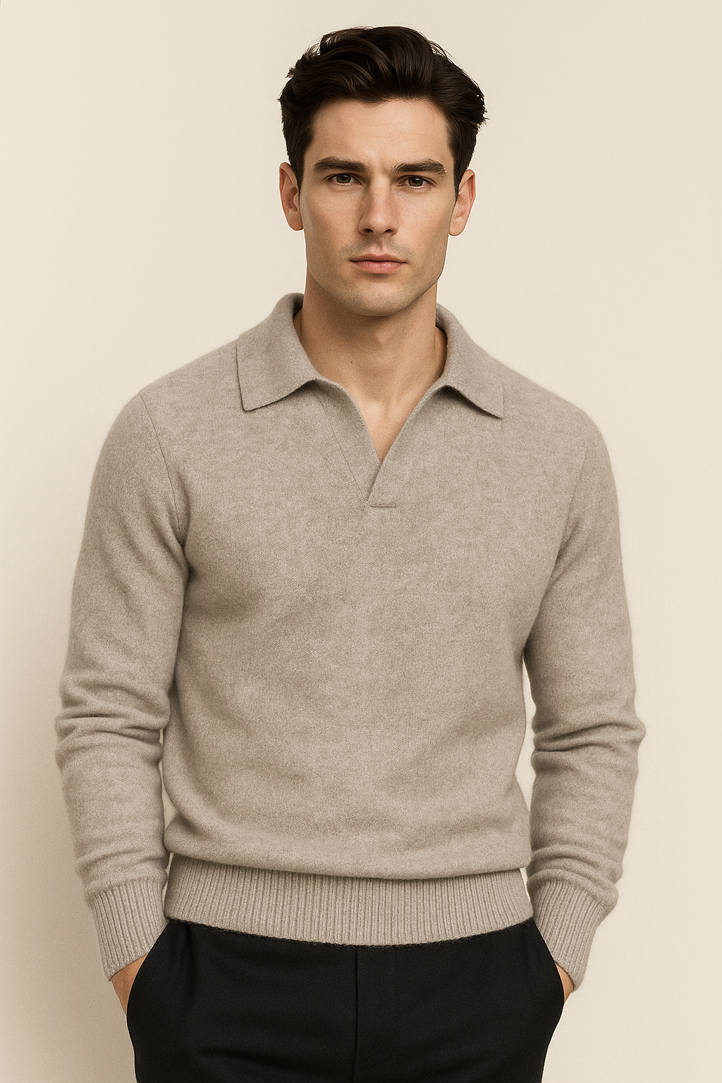 Grey cashmere polo knit sweater by Emiral Couture, showcasing a soft texture and elegant design.