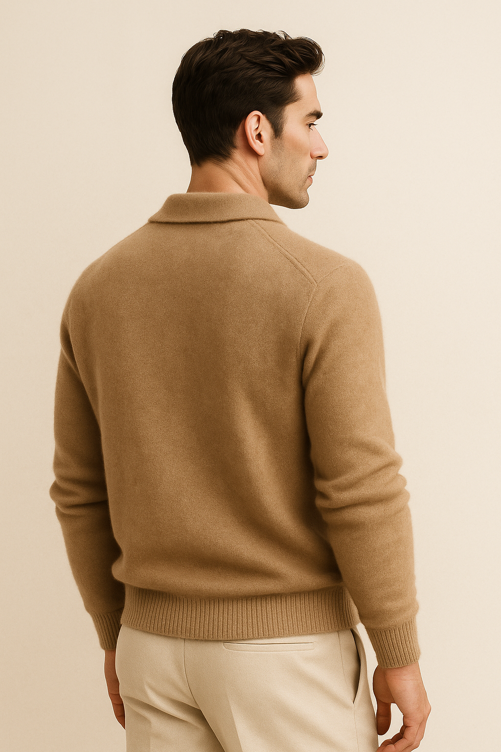 Light brown cashmere polo sweater by Emiral Couture, featuring a classic knit design and a luxurious texture.