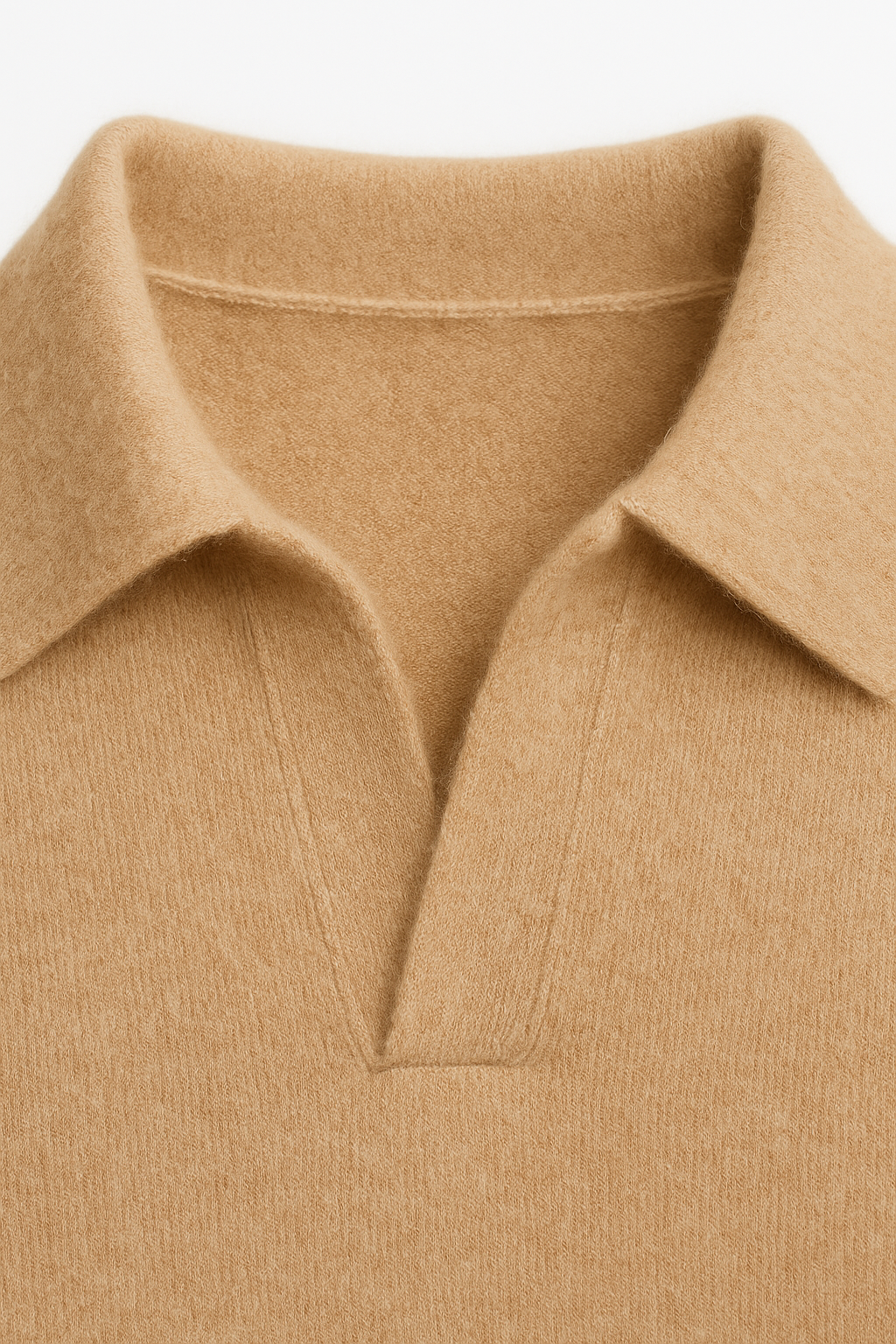 Light brown cashmere polo sweater by Emiral Couture, featuring a classic design and soft knit texture.